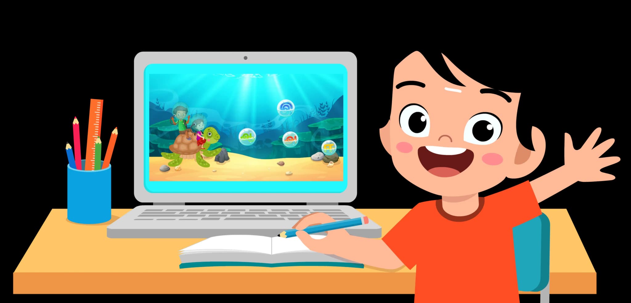 Playwithtamil boy greeting illustration with computer on desk