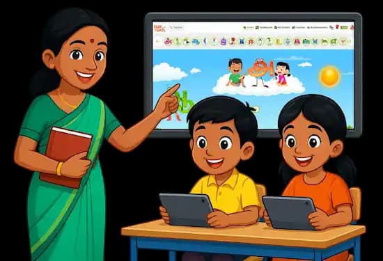 Teacher and students using Playwithtamil in classroom illustration