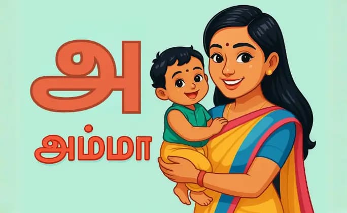 Playwithtamil mother teaching Tamil alphabet illustration