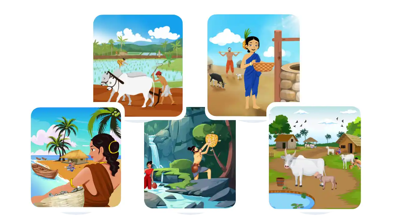 Tamil learning themes and options illustration
